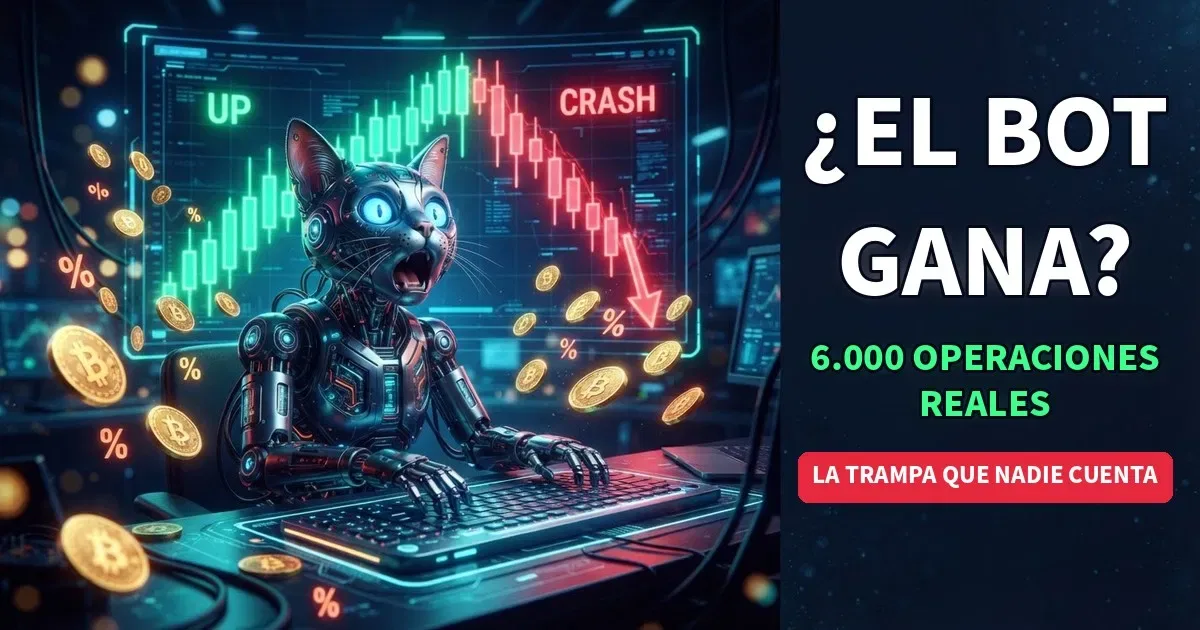 Robot gato analizando un gráfico de criptomonedas que sube y baja
